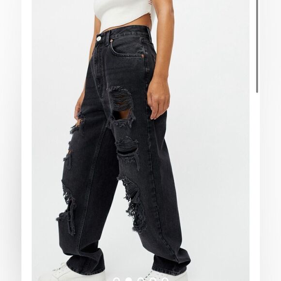 BDG urban outfitters high rise baggy petite washed black destroyed new 30 - Picture 2 of 10